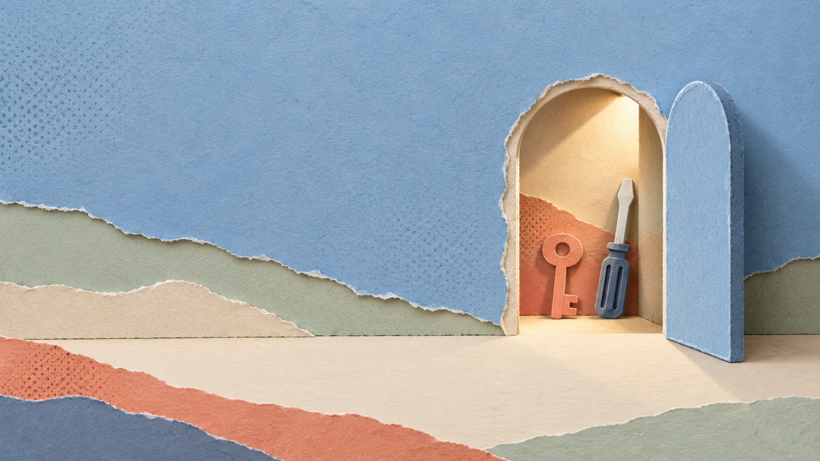 A calm paper-cut collage of a small open doorway with a key and tool at the threshold, in a muted editorial palette.