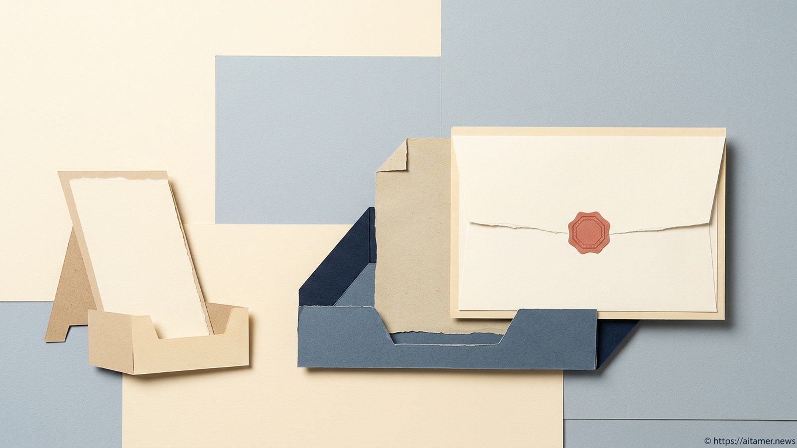 A sealed cream envelope rests in a paper tray beside an empty card stand waiting to take it.