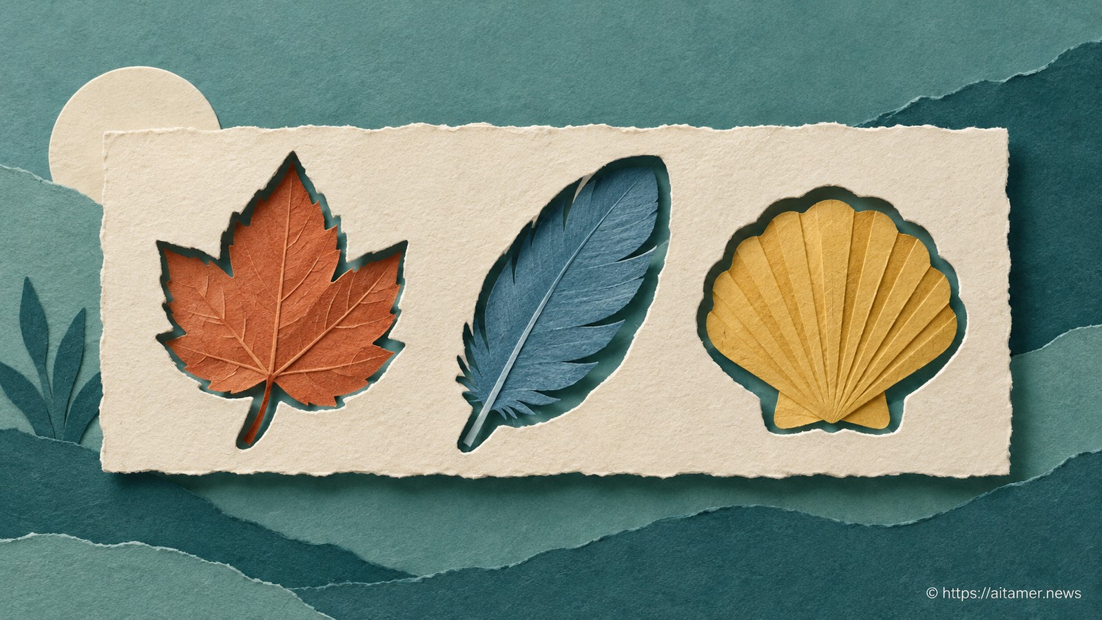A cream checking frame fits a leaf, feather and shell while retaining their distinct shapes.