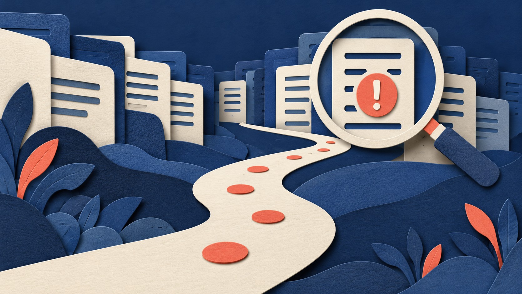 A magnifying glass isolates one warning symbol from many similar error documents.