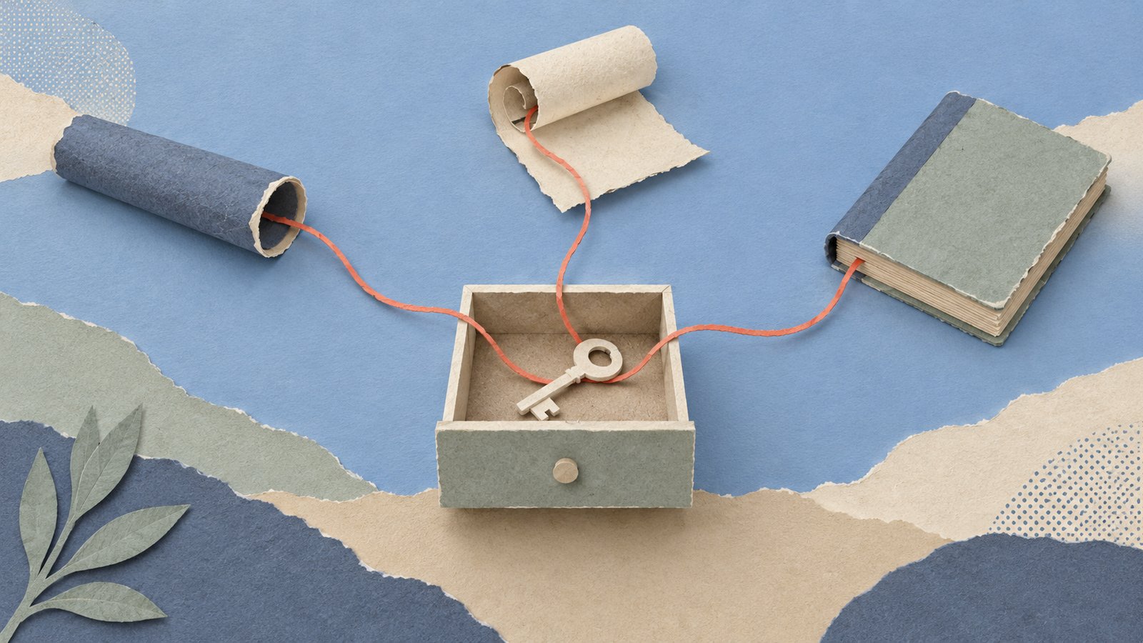 A cream paper key slips from a central drawer as three coral threads lead toward a narrow tube, a curled sheet, and a closed ledger, in a calm blue and sage paper-cut collage.