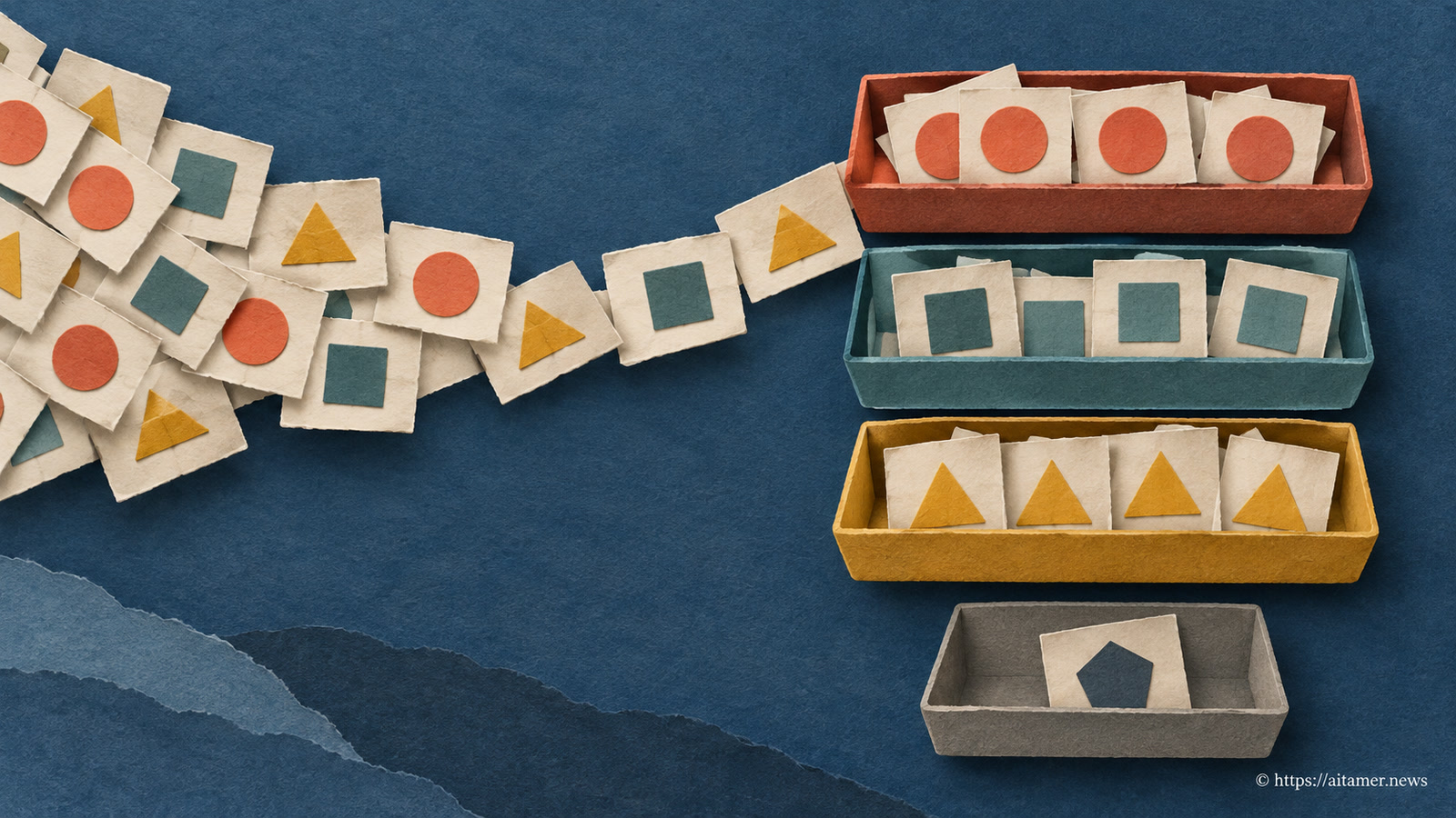 Cream paper packets bearing colored shapes flow toward matching trays, with a pentagon packet in a separate gray tray.