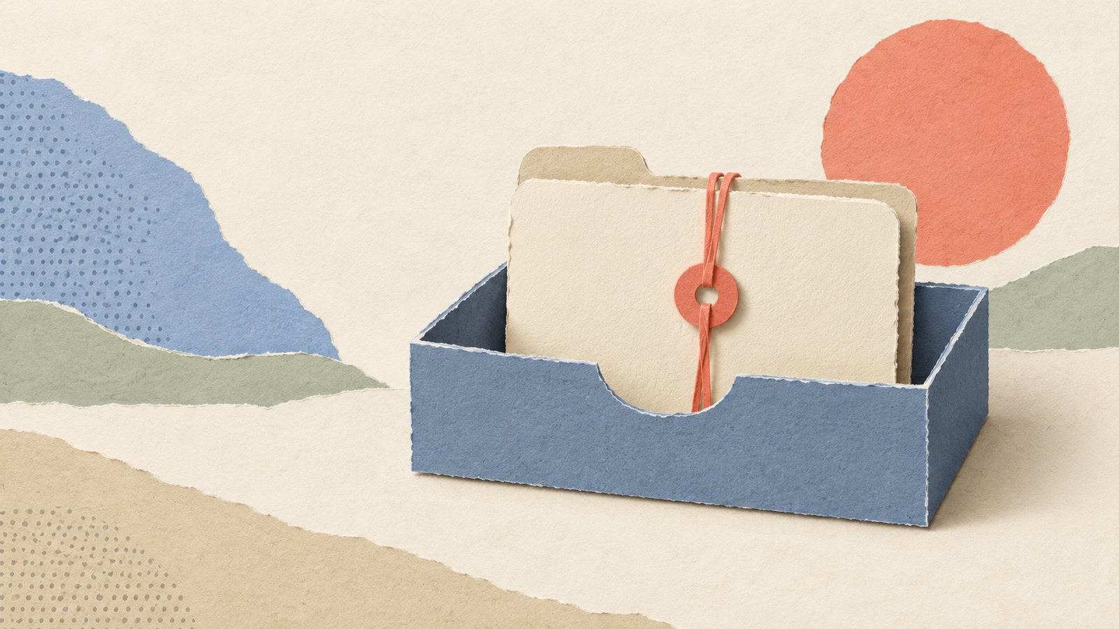 A cream paper folder tied with a coral loop rests in an open drawer, suggesting a file safely set aside for review.