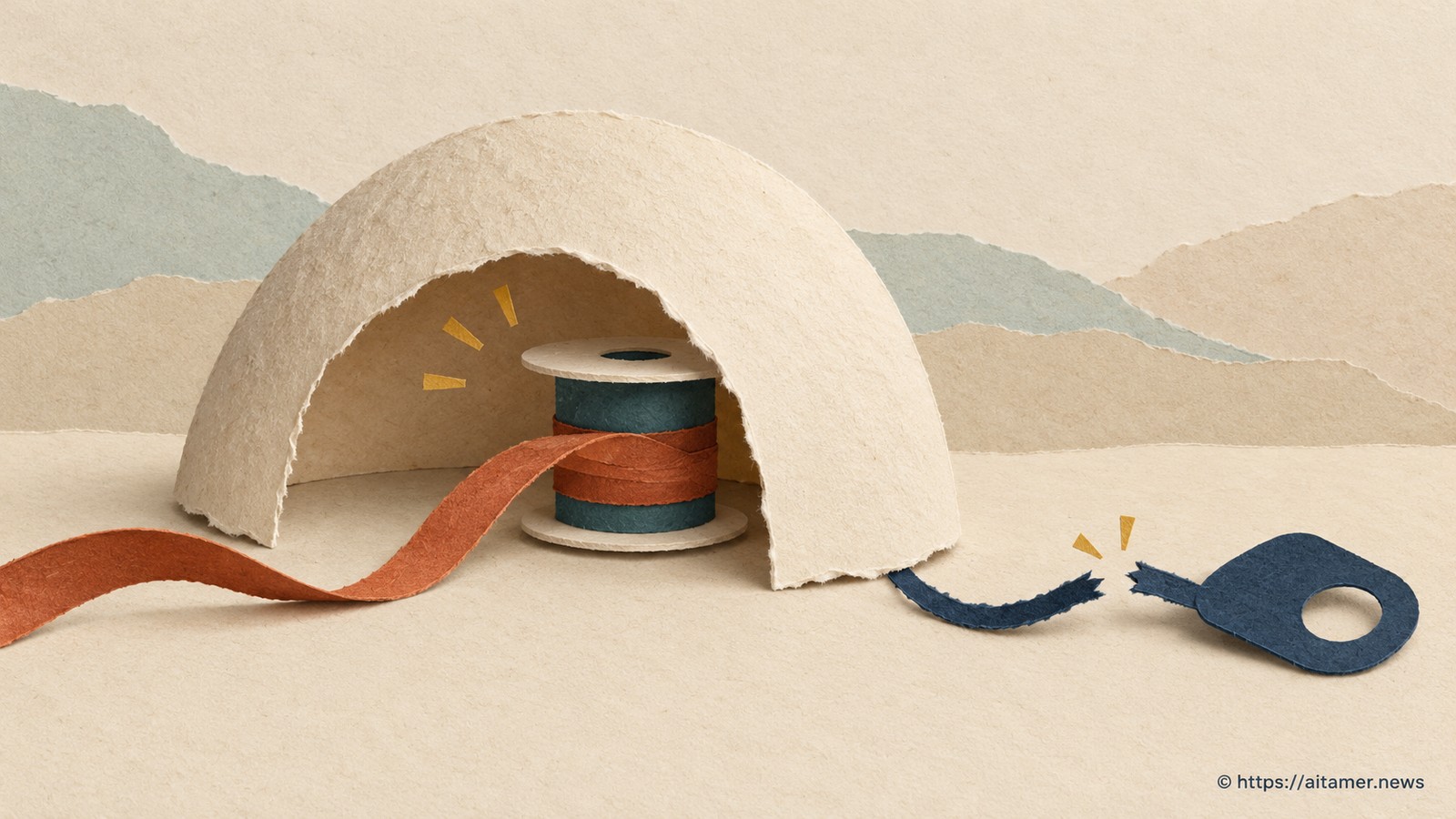 A cream paper shield covers a teal spool winding a rust ribbon while a detached navy pull-tab lies outside.