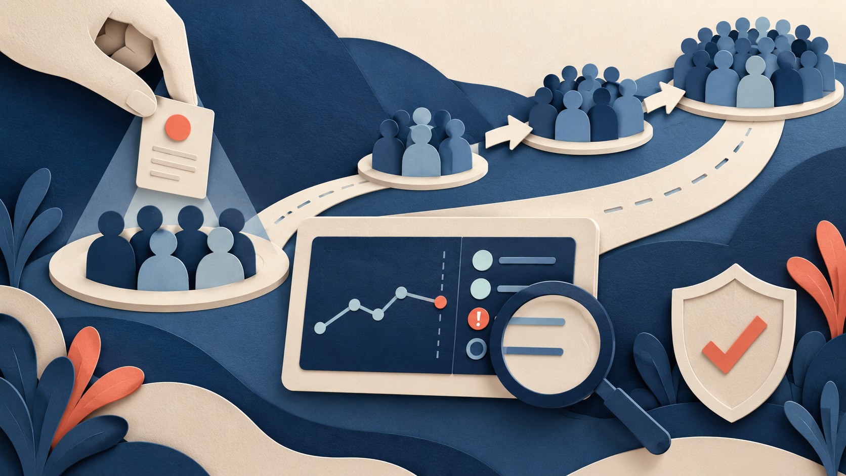 A hand gives a new card to one small user group before arrows lead toward larger groups.