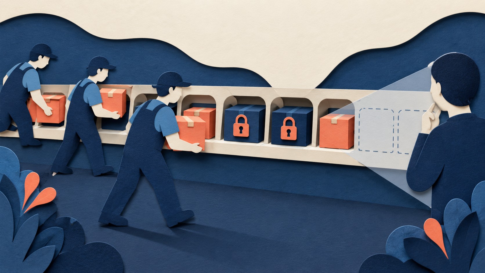 Workers take available boxes from a row while two locked boxes remain unseen by a waiting observer.