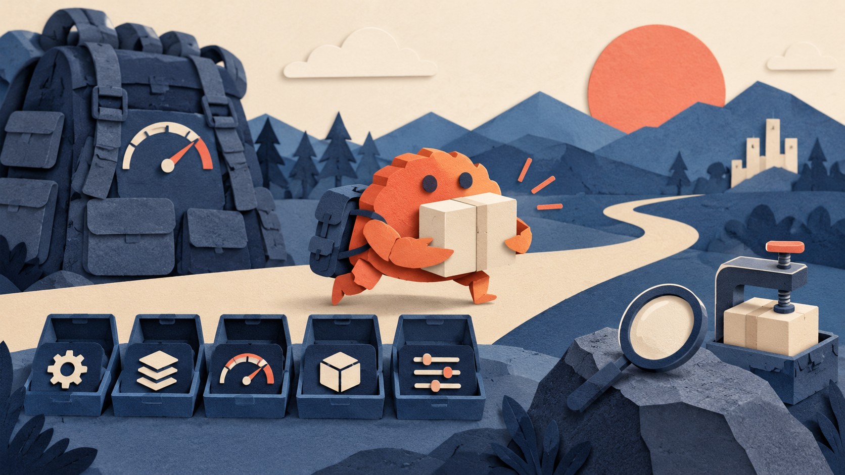 A coral paper crab carries a compact parcel past a larger backpack and size adjustment tools.