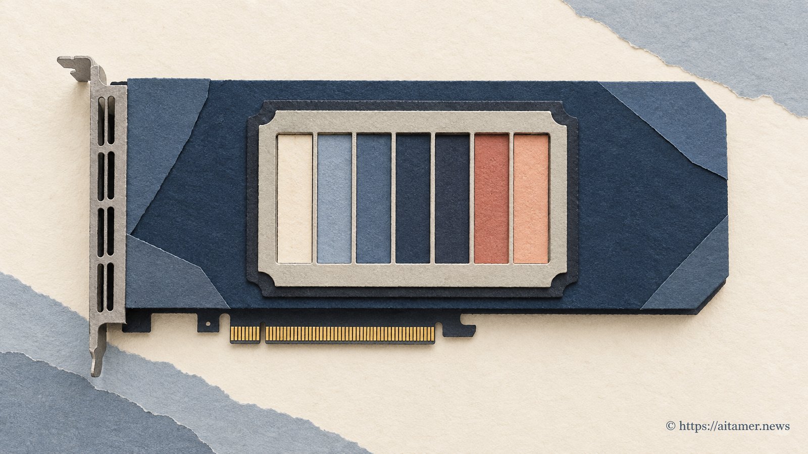 A paper-cut GPU card shows its central chip divided into seven isolated color-coded slices.