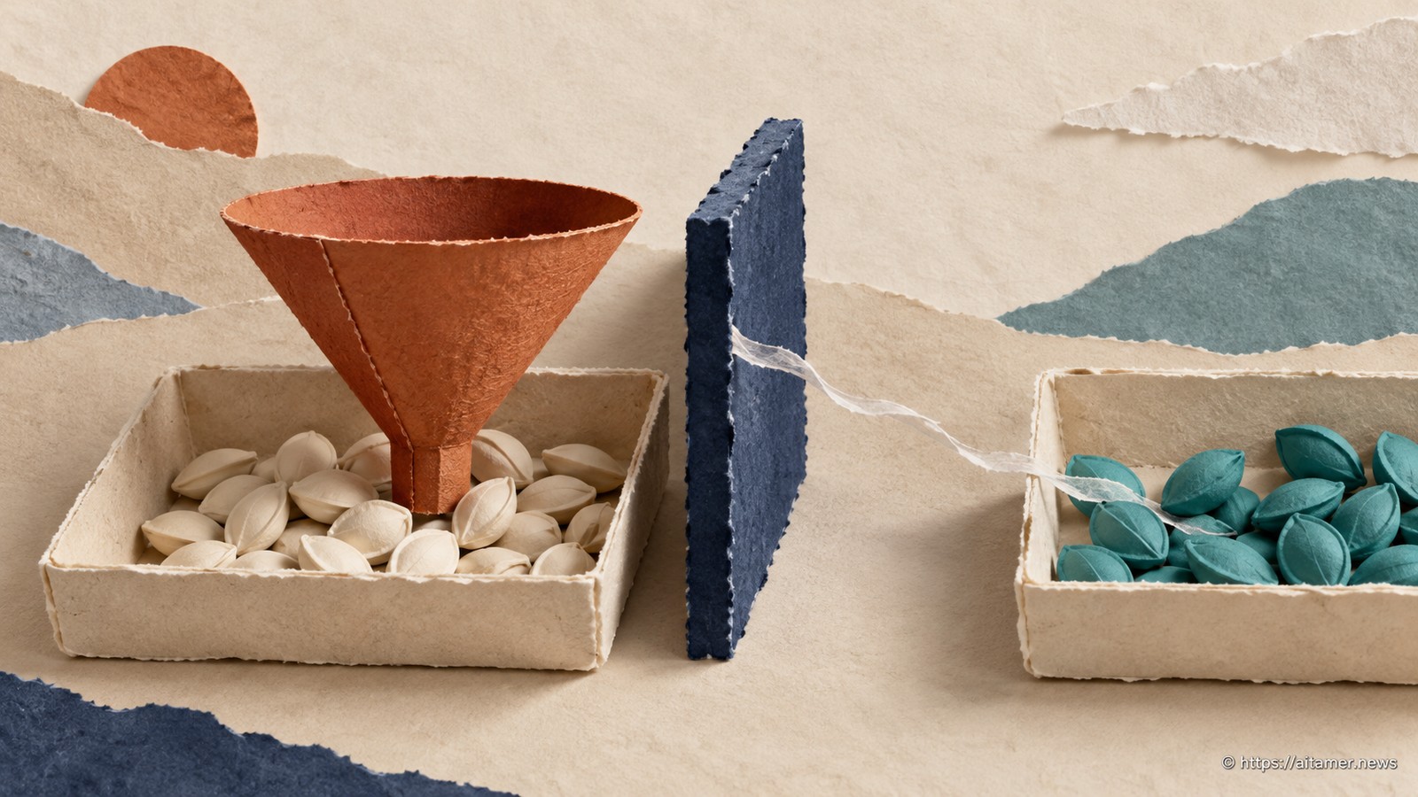 Two paper seed trays separated by a navy divider, with a thin thread linking held-out seeds toward a training funnel.