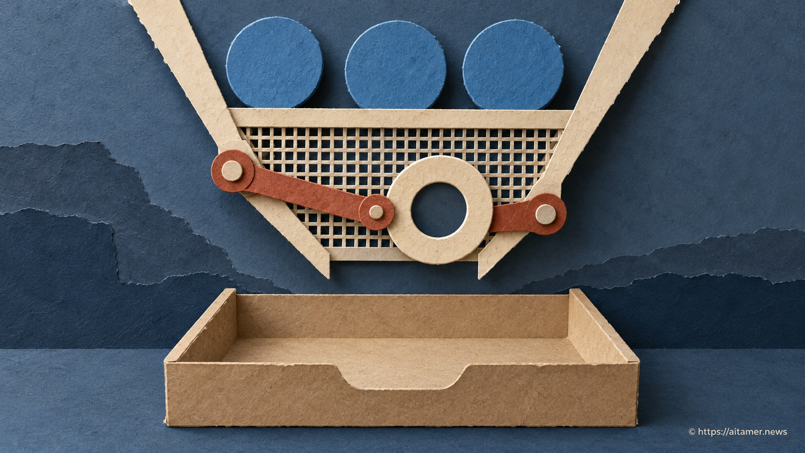 Three blue paper tokens sit above a mesh gate held by a hollow cream ring, with an empty tray below.