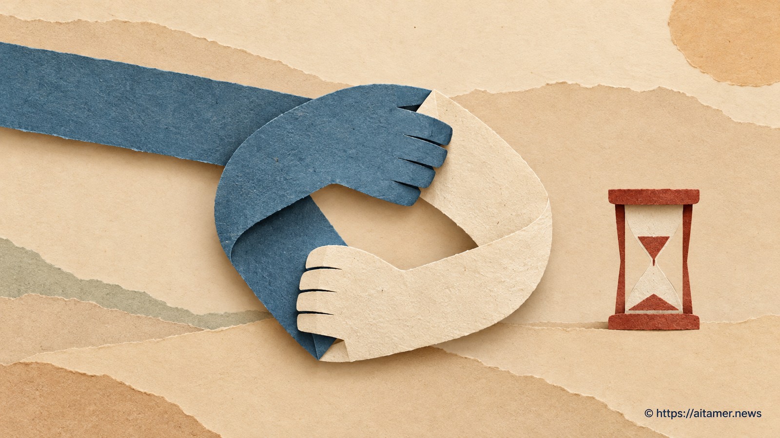 Interlocked blue and cream paper arms form a waiting cycle beside a rust hourglass.