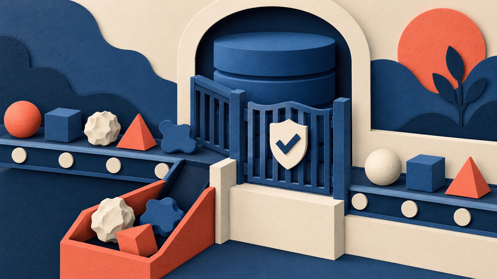 A gate beside a database admits matching shapes and diverts irregular shapes into a separate tray.