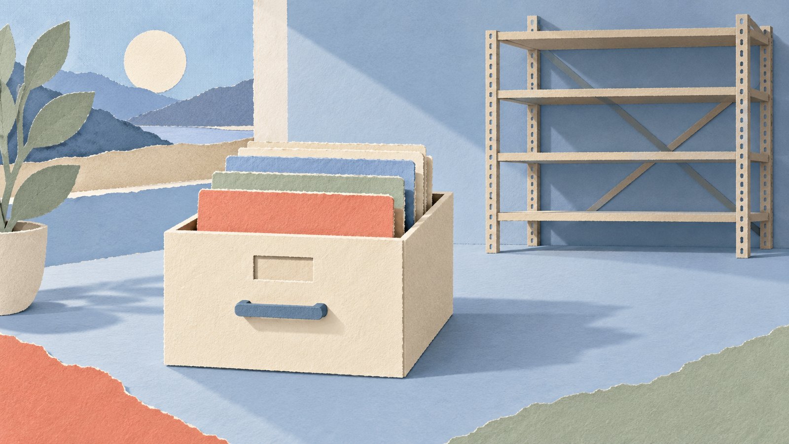 A calm paper-cut collage of a cream file drawer holding a small stack of ledgers, with an oversized empty shelf in the background.