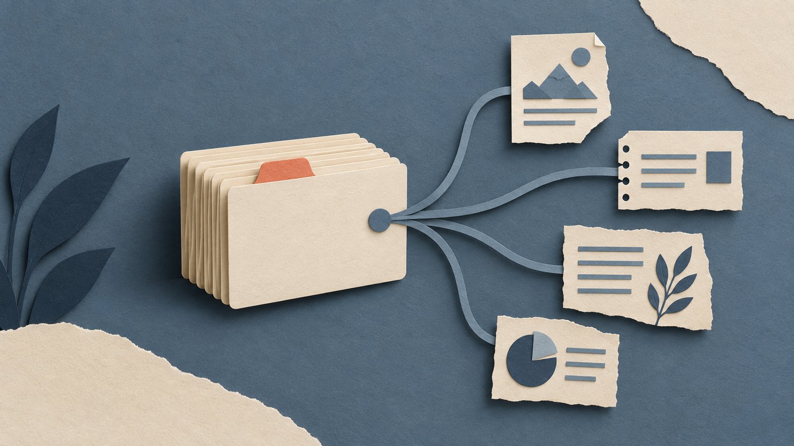 A paper-cut collage of a cream stack of index cards branching into four small document fragments across a slate-blue field, with one coral tab.