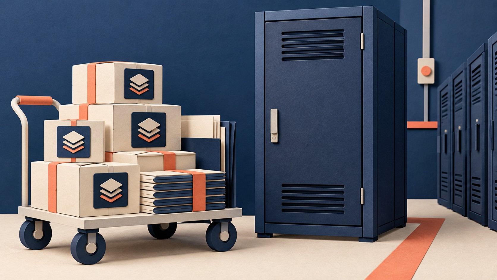 A cart loaded with model files stands beside server racks before startup.
