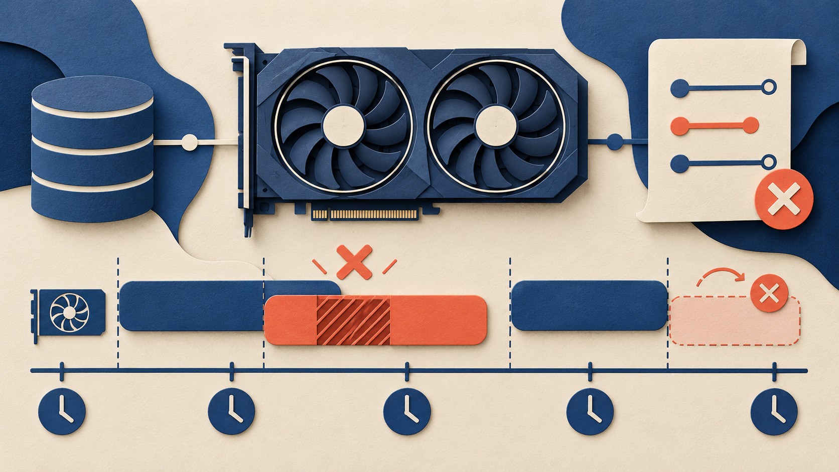 A GPU sits above a timeline that marks one reservation and rejects a second overlapping slot.