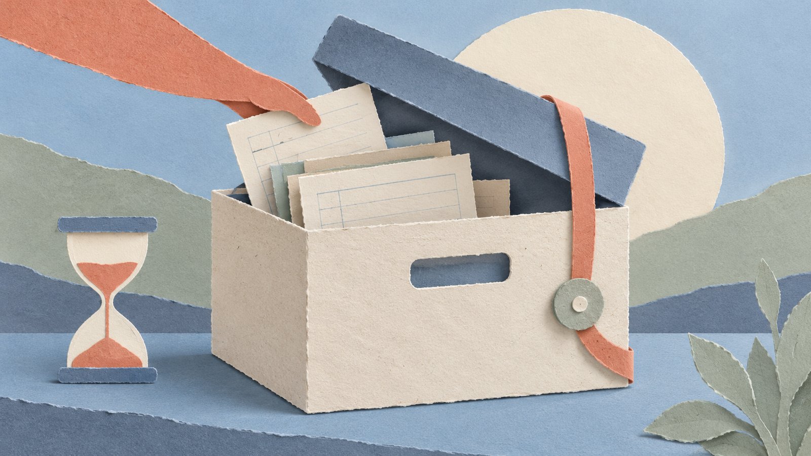 A paper archive box receives the last ledger sheet before its lid closes, surrounded by calm blue, cream, and sage paper layers.