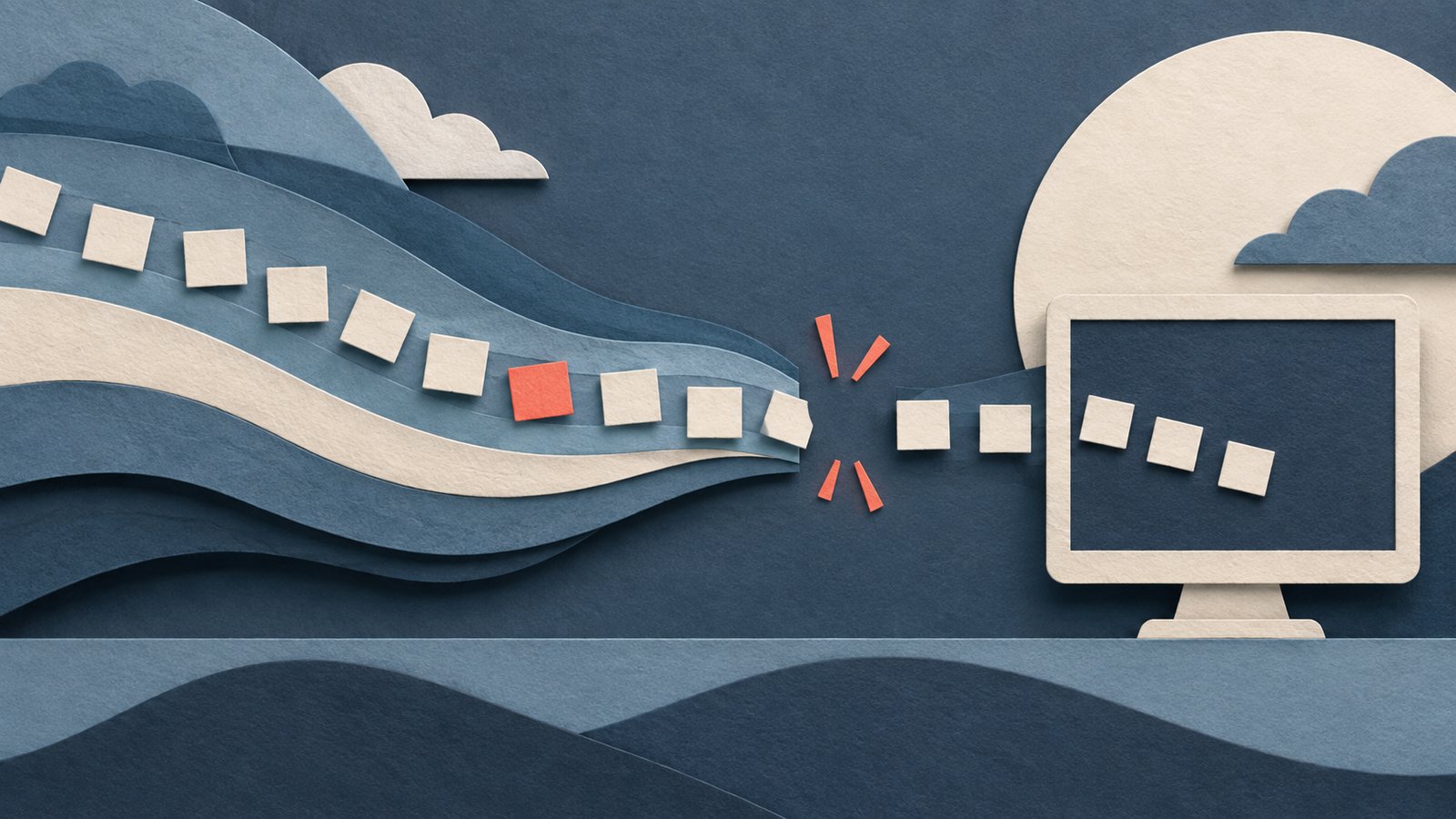 A paper-cut collage of small cream and coral paper tiles flowing across layered slate-blue bands toward a paper screen, with a gap in the stream.