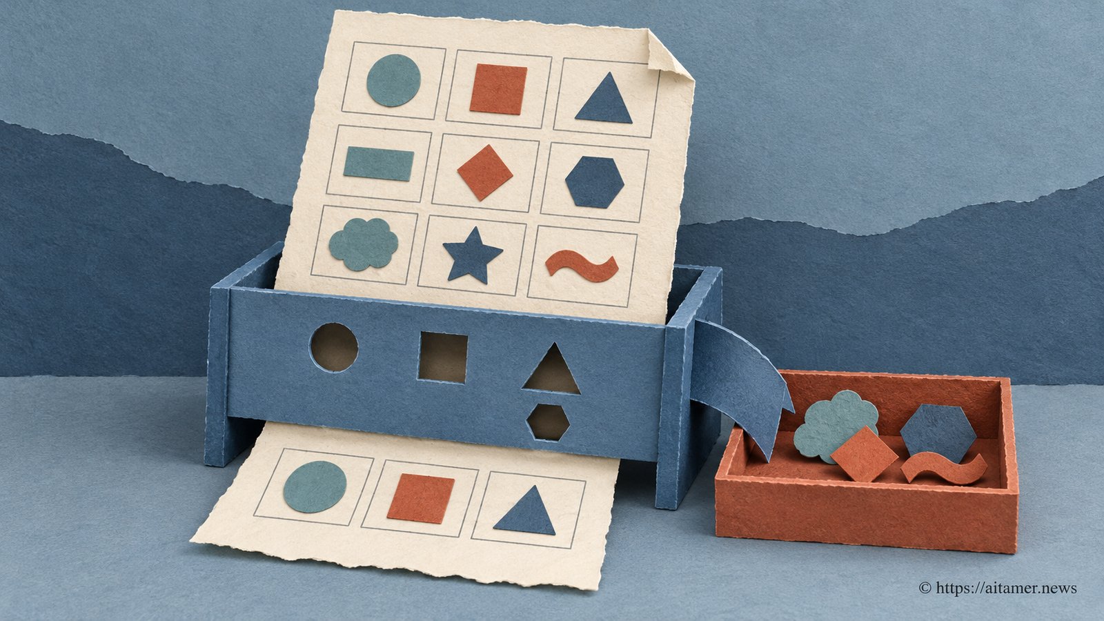 A layered paper schema passes through a blue filter, with unsupported rule slips diverted to a small validation tray.