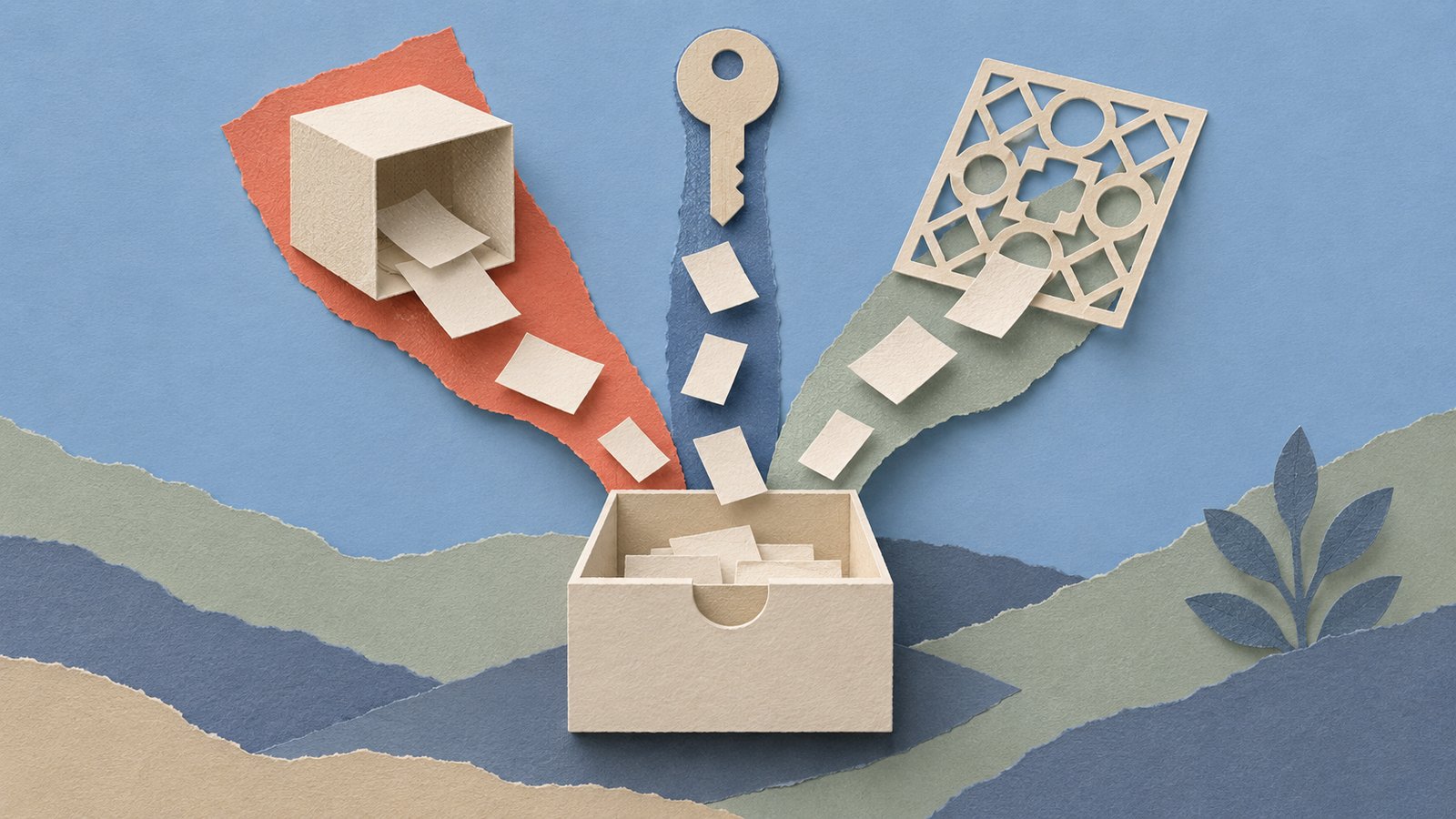 A paper-cut collage of three distinct paper channels guiding blank slips into a single open drawer, in a calm palette of blue, coral, cream, sand, sage, and slate.