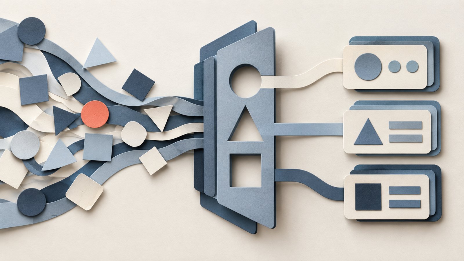 A paper-cut collage of loose slate and cream shapes passing through a layered stencil into three orderly cards, with one coral circle among the shapes.