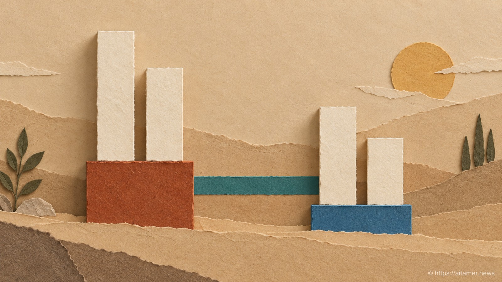 Unequal cream paper pillars appear on rust and blue bases, preserving their height difference after a common shift.