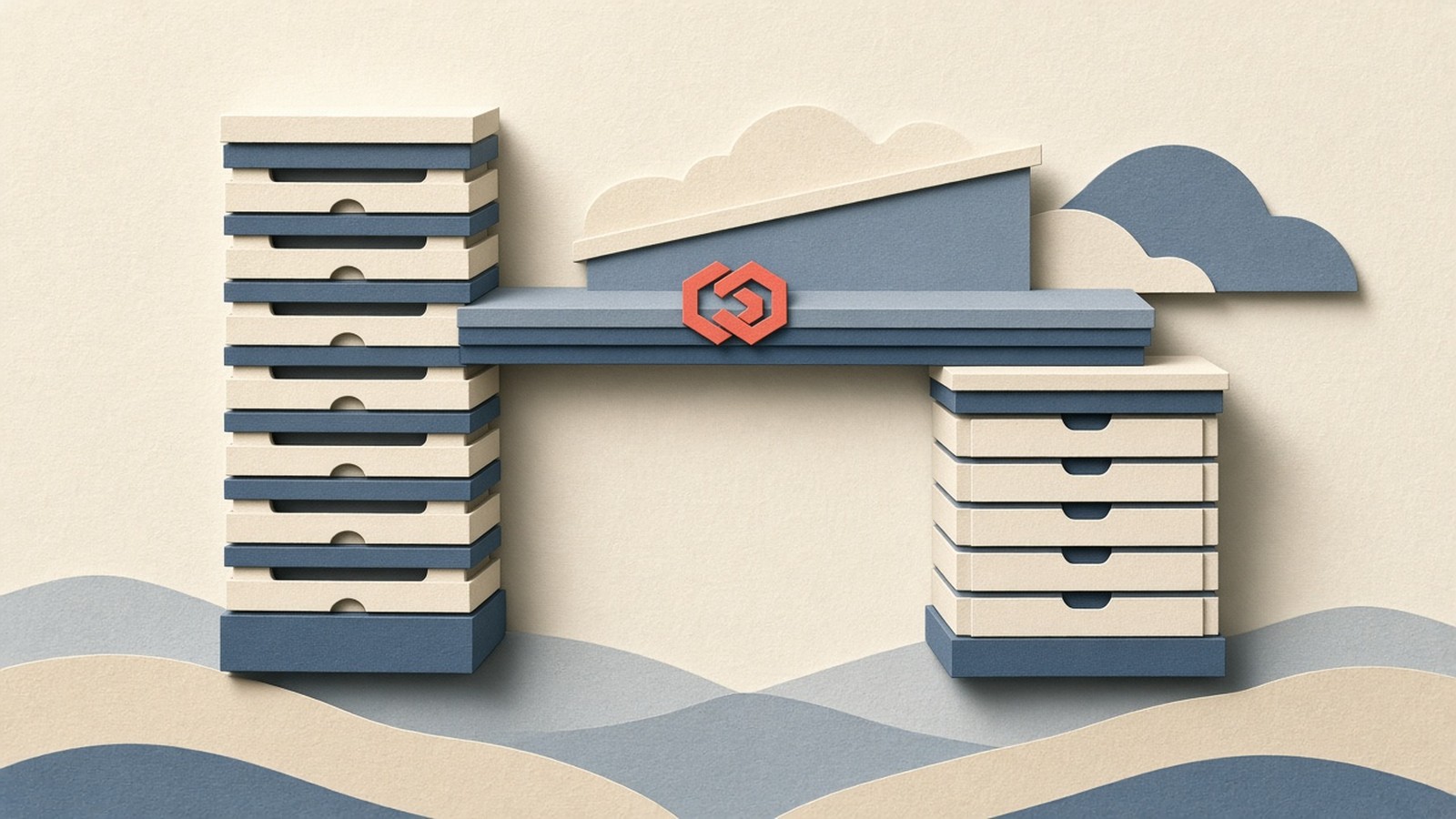 Paper-cut collage of Postgres and SQLite database spines joined under one agentic shelf, one coral geometric join seal on slate fabric.