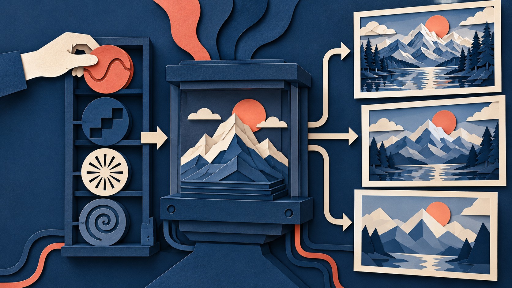 A hand selects one of several sampling discs for a shared image generator, producing varied landscapes.