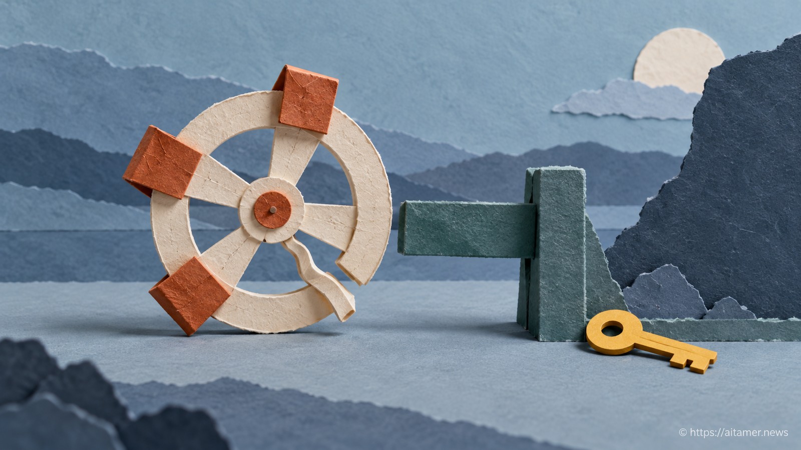 A broken cream retry wheel with three rust tabs is held at a teal gate, while a reset key leaves its bent spoke unrepaired.