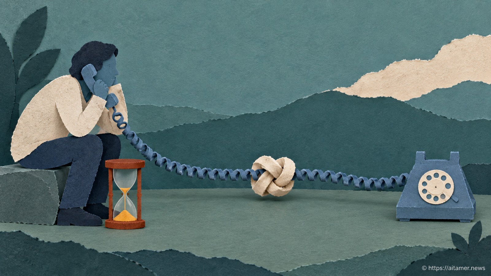 A paper caller waits beside an hourglass while a knotted blue telephone cord remains connected.