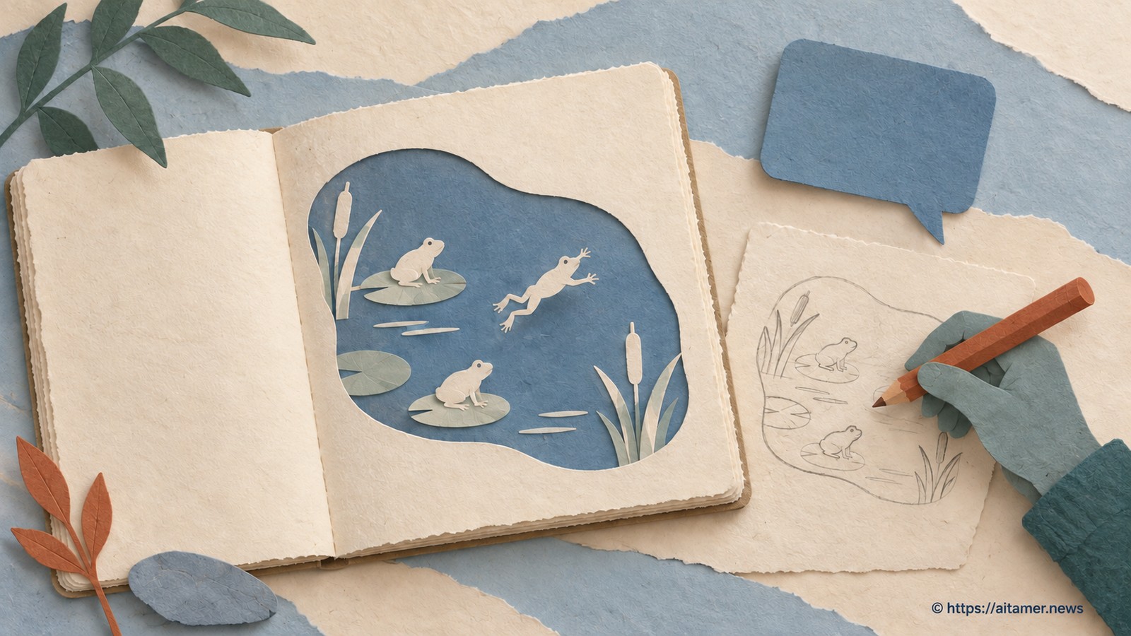 A paper learner hand sketches a pond beside an open frog notebook and a blank blue speech bubble.