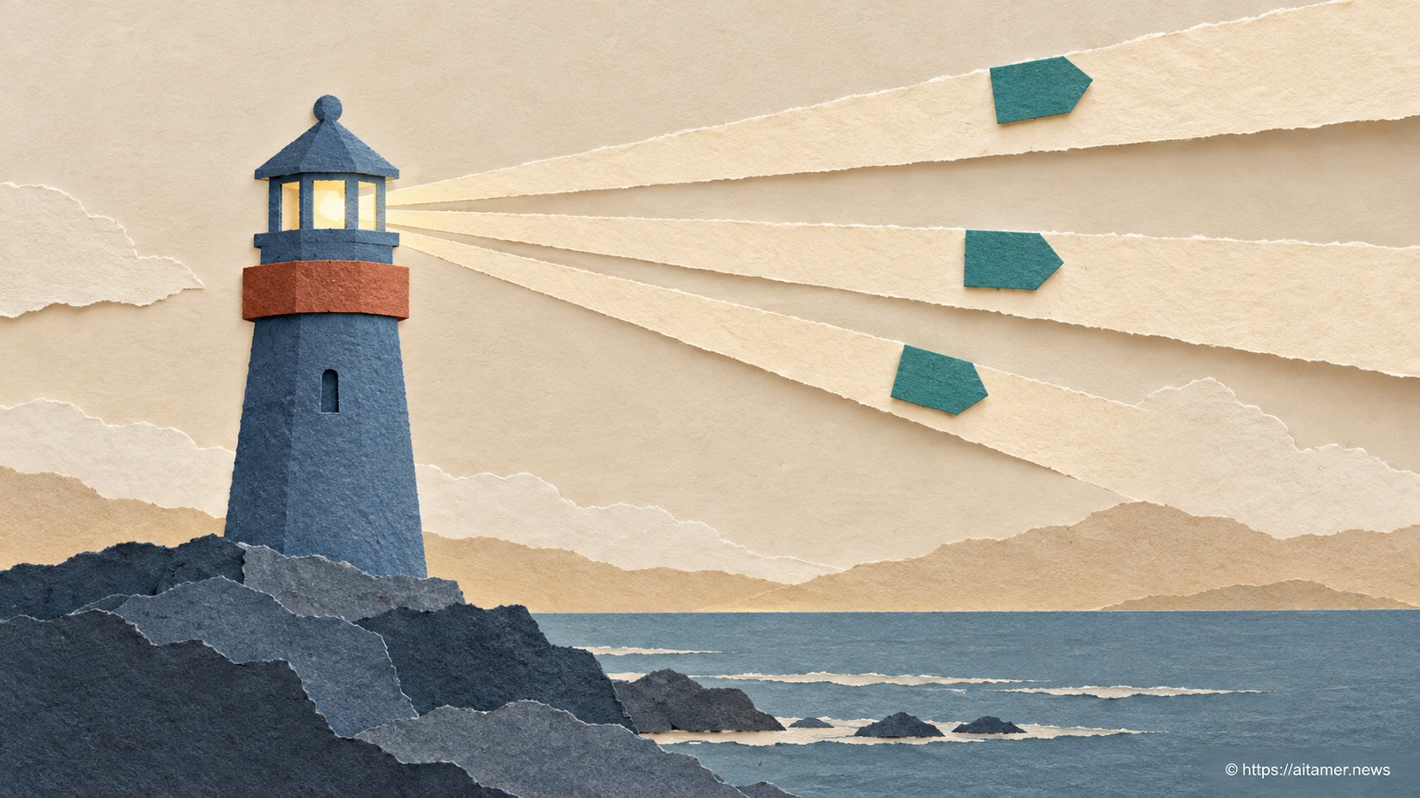A blue paper lighthouse with a fixed rust collar emits three cream signal ribbons bearing individual teal detail tabs.
