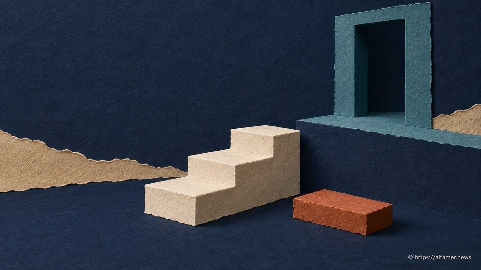 An orderly paper stair ends short of a doorway, with the missing bridge-step resting beside it.