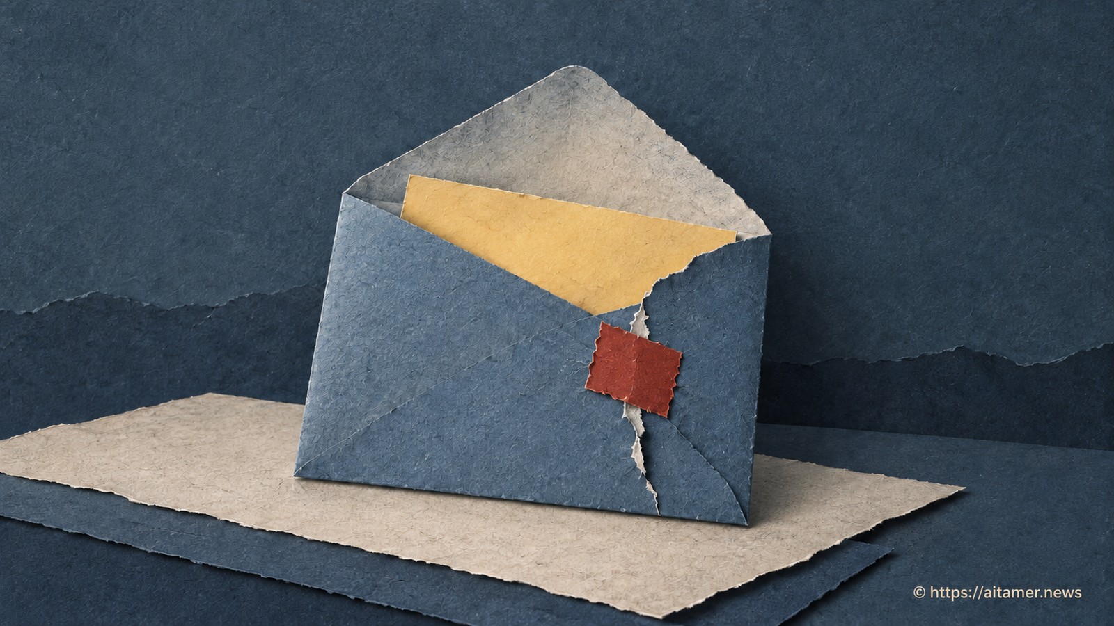 A torn blue paper envelope is bridged by a rust-colored patch, with a yellow note inside.