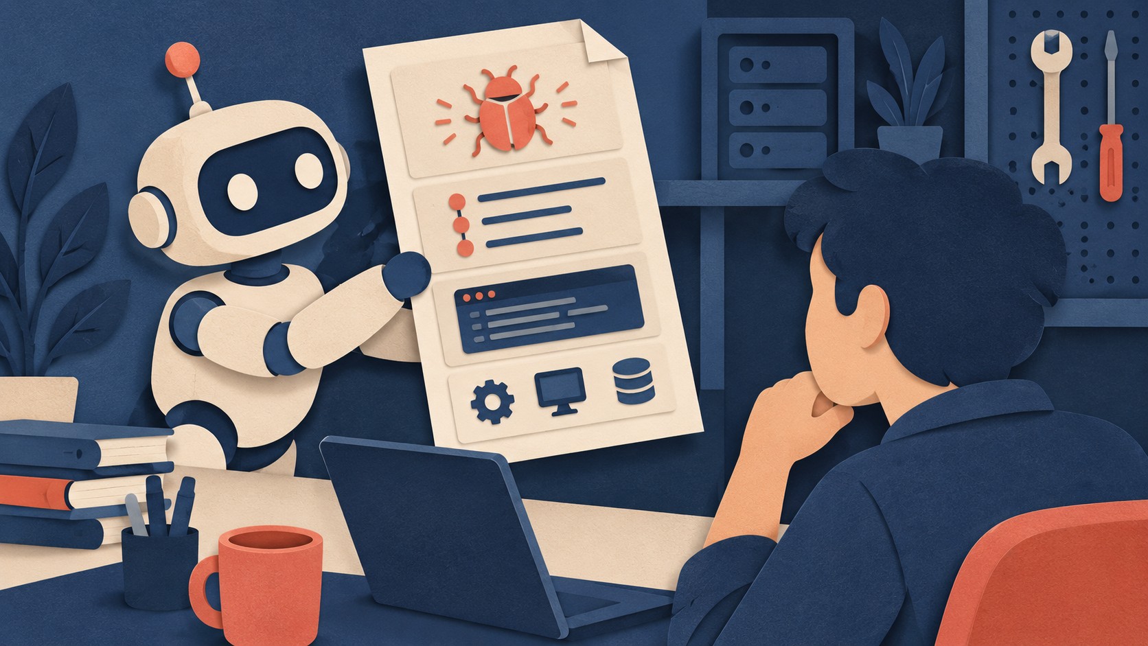 A small robot presents a bug report with a diagram and code excerpt to a human reviewer.