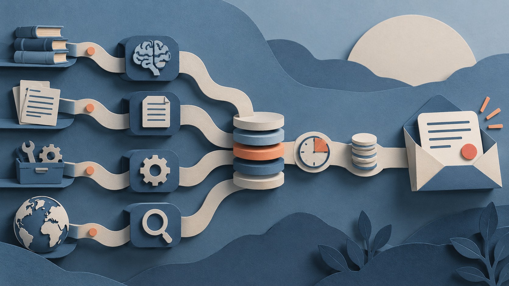 Paper inputs connect by threads to tokens, a clock, coins and a finished answer envelope.