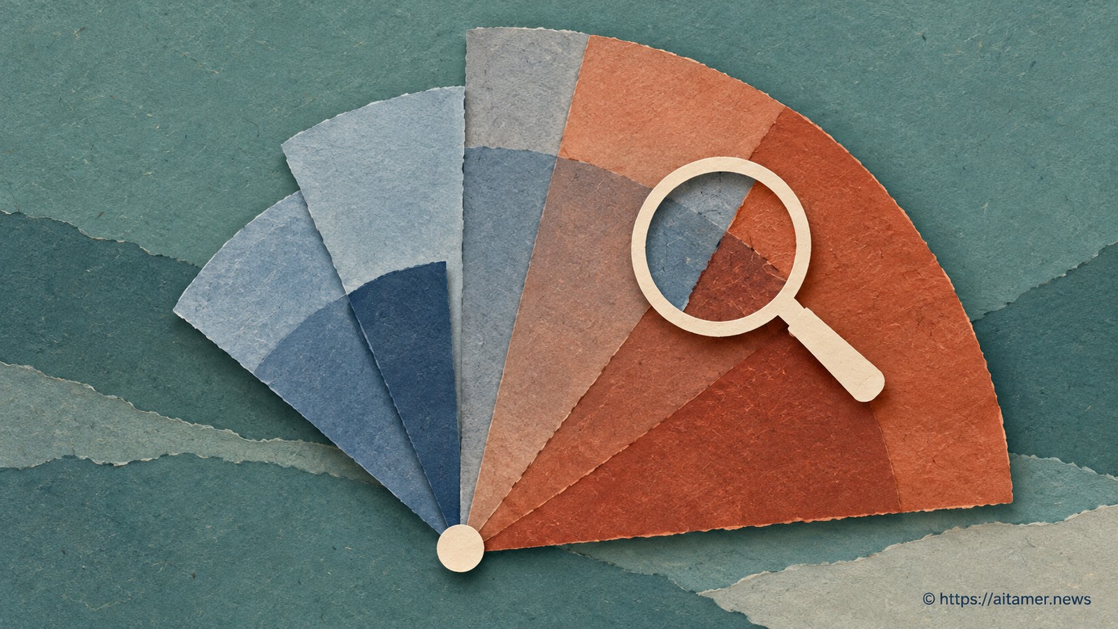Overlapping blue and rust paper fan sectors share one pivot, with a cream magnifying frame showing their boundaries.