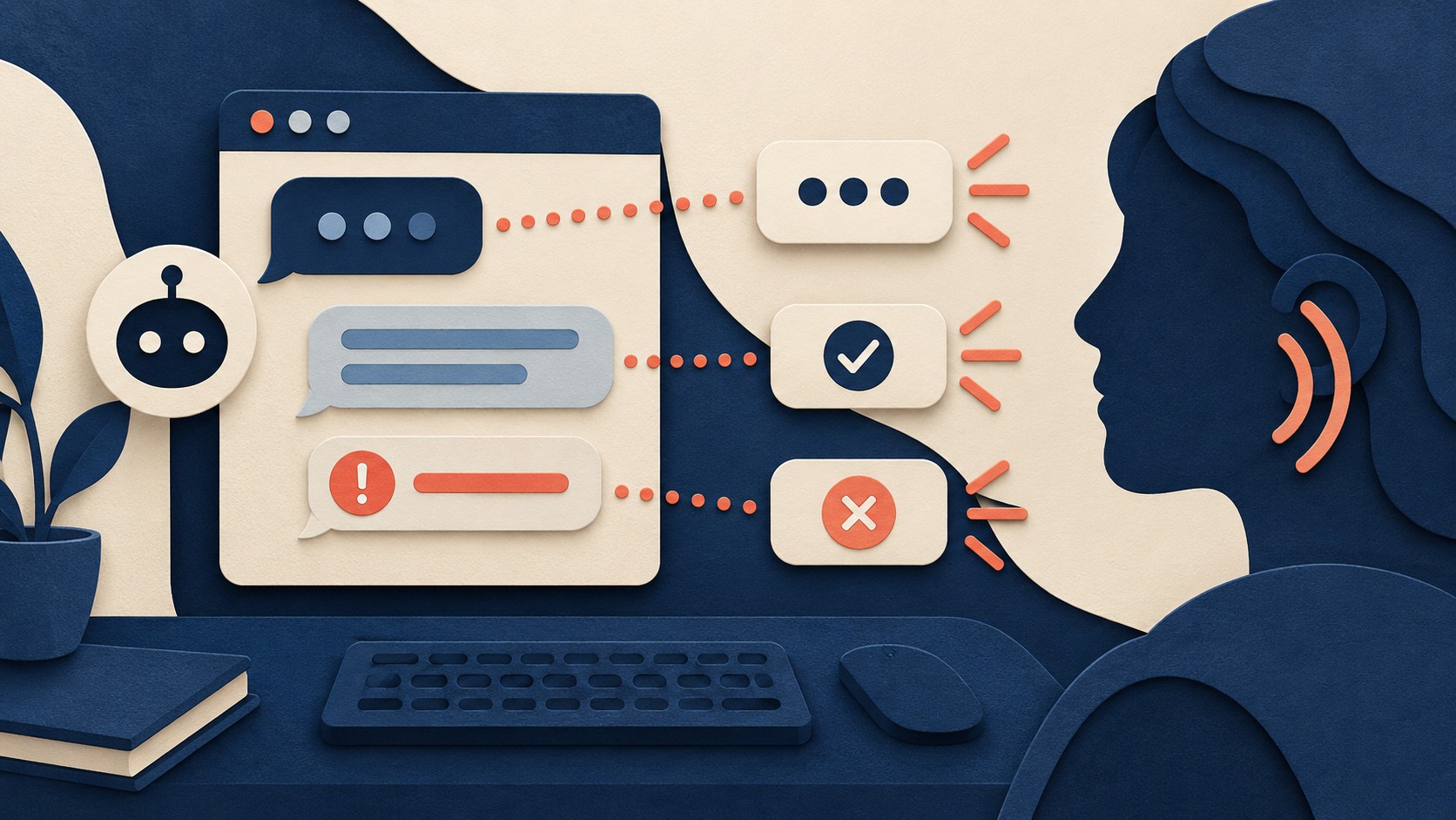 A completed chat interface sends notification symbols toward a listener using a screen reader.