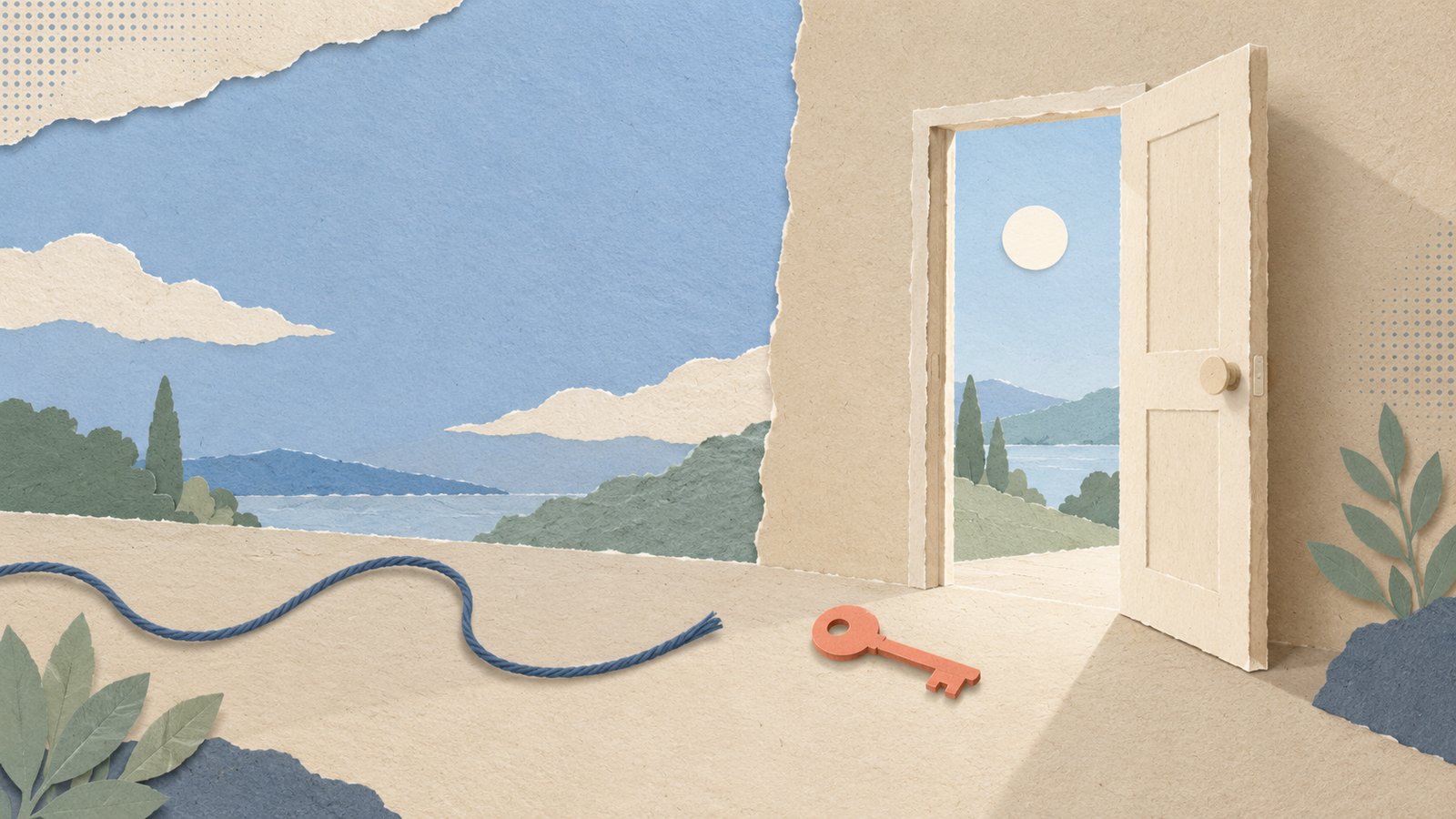 A coral key rests beside an open cream door, with a released slate-blue thread curling away across a quiet paper-cut landscape.