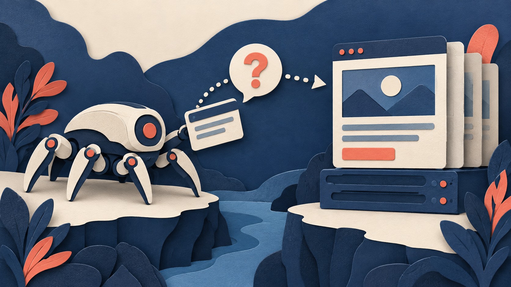 A crawler robot offers an identification card to a stack of web pages, with a question mark over the request.