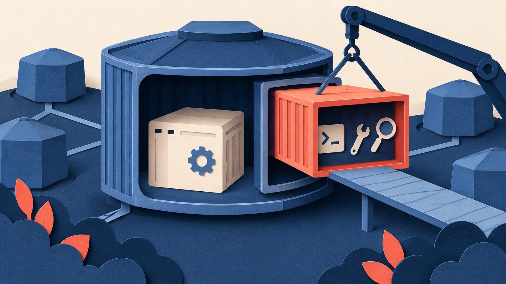 A crane places a tool-filled debug container beside an already running server container.