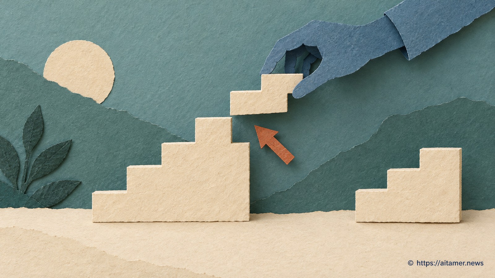 A paper hand places the next cream stair while a rust pointer identifies the gap; a finished stair insert remains aside.