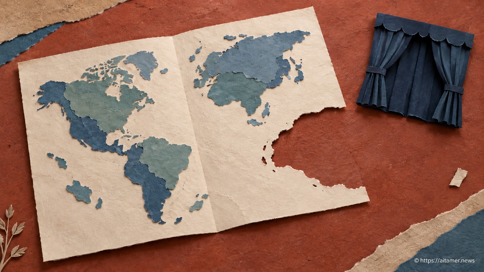 An incomplete blue paper map lies open beside a closed navy paper theater curtain.