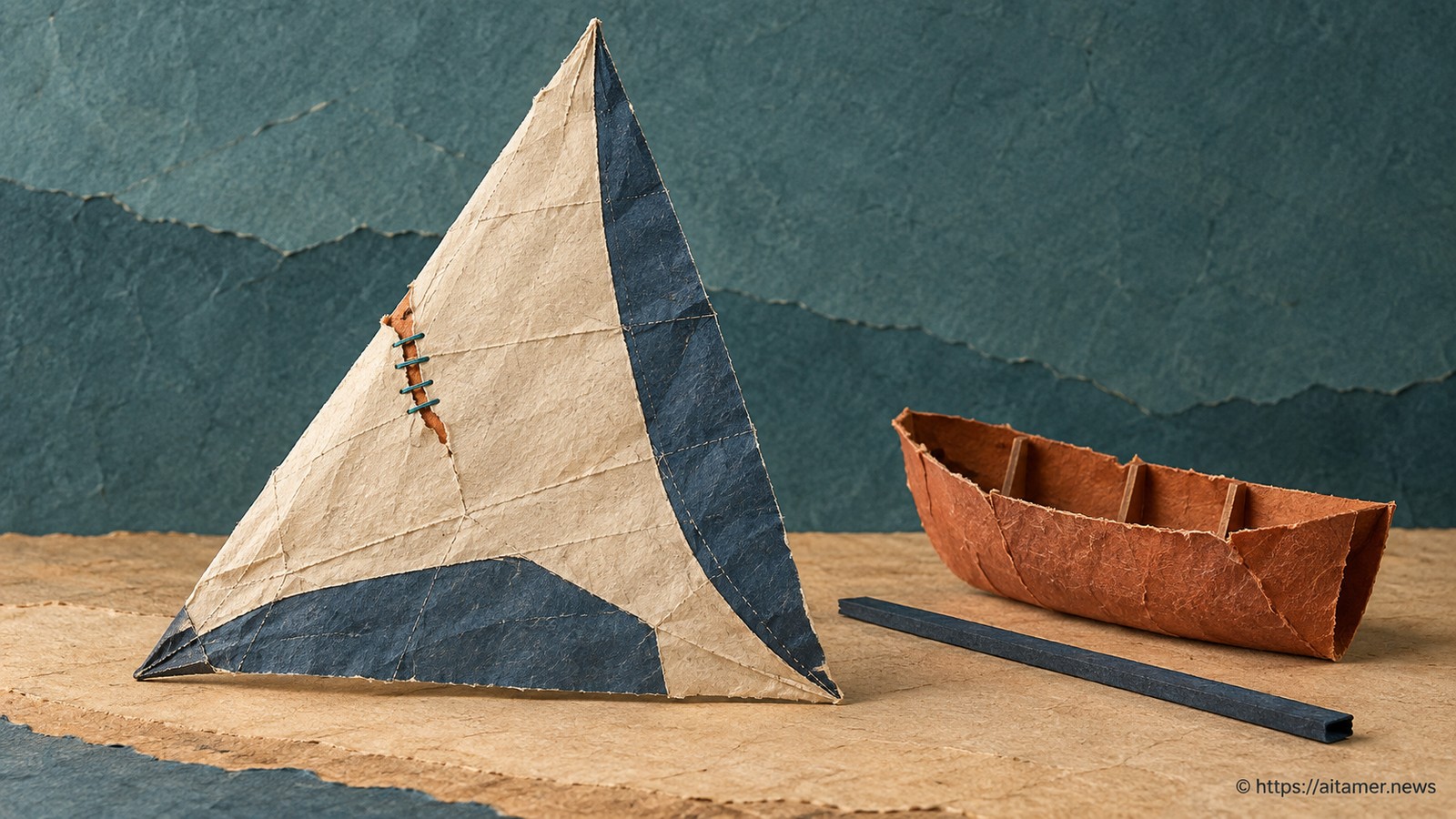 A sail keeps its shape after a small stitched repair, beside separate pieces for building a new vessel.