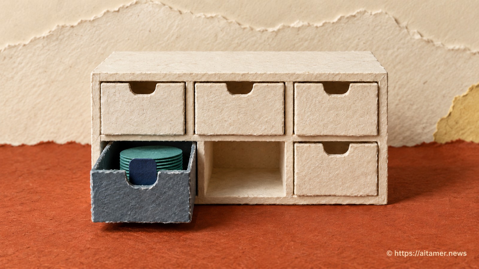 One selected drawer holds a teal counter stack beside a vacant drawer opening in a paper cabinet.