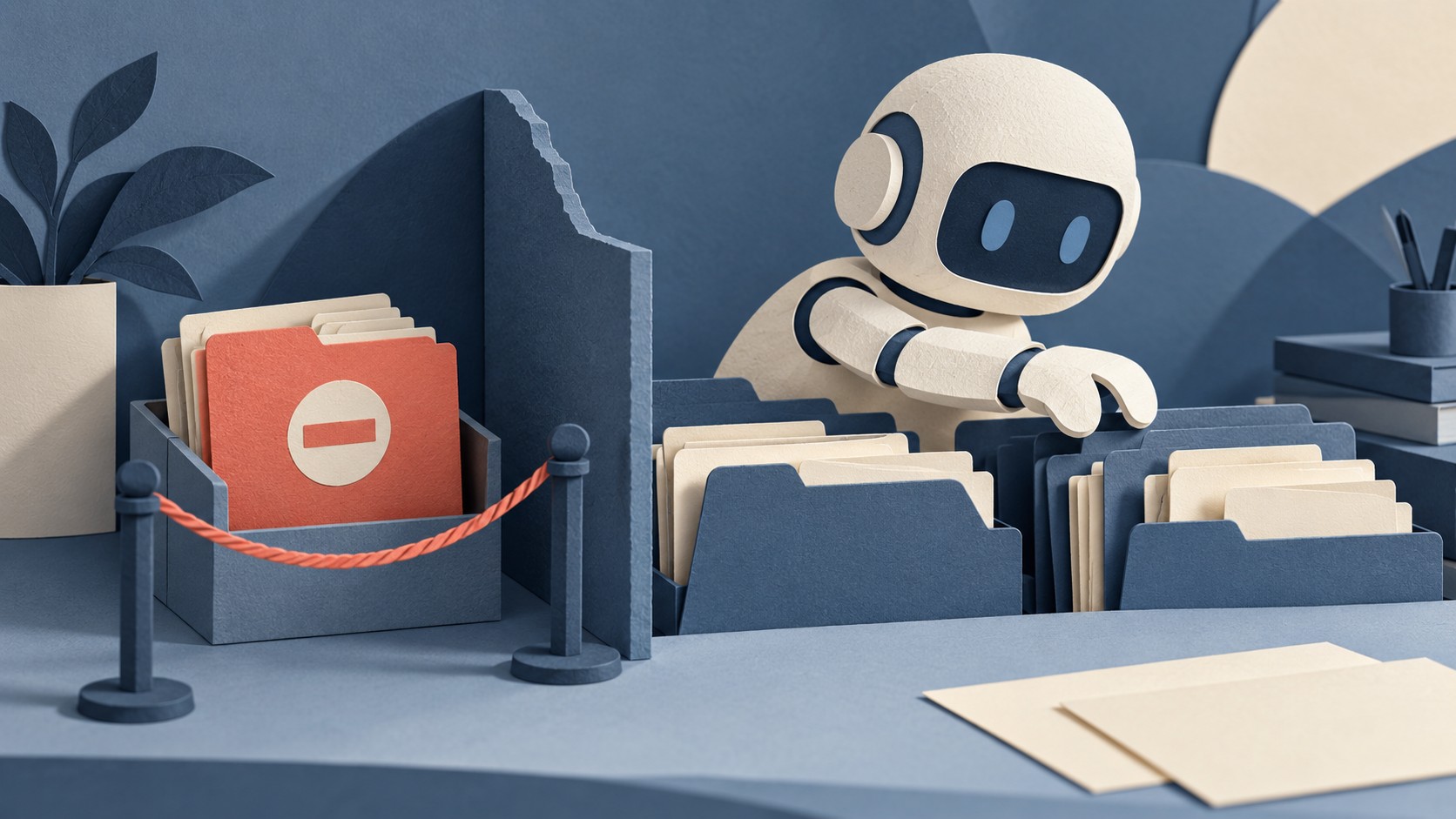 A paper robot sorts files beside a restricted coral document behind a rope barrier.