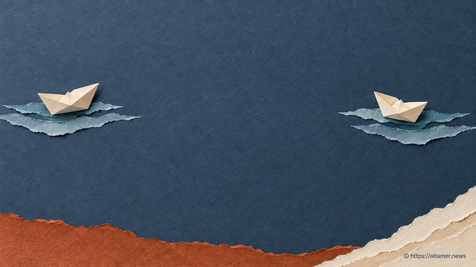 Two cream paper boats rest on separate ripples with a wide quiet blue interval between them.