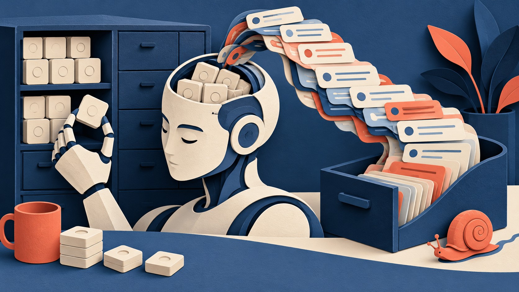 A model pulls blocks from one cabinet while a separate drawer fills with growing context cards.