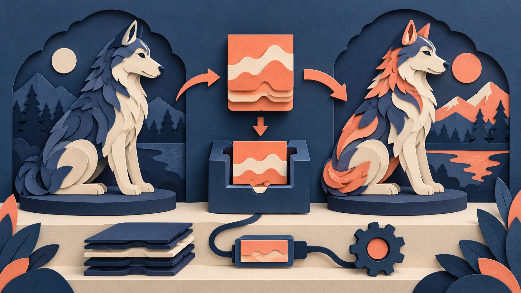 The same base wolf sits on both sides of an inserted adapter, with a different colored coat afterward.