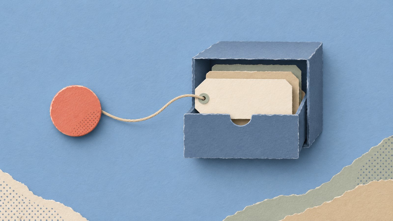 A paper-cut button token threads to an open drawer revealing a blank name tag, in a calm blue, coral, and cream collage.